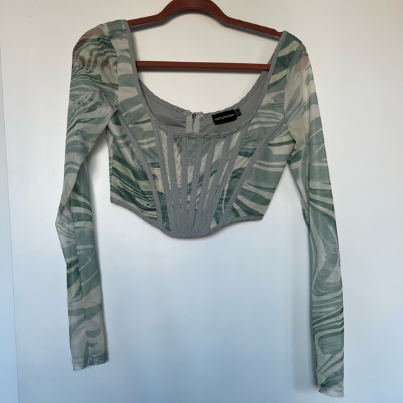 Green Abstract Printed Mesh Binding Detail Long Sleeve Corset - Picture 8 of 8